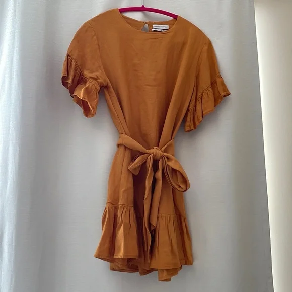 Urban Outfitters Mustard Yellow Ruffle Tie Waist Mini Dress - Picture 2 of 5